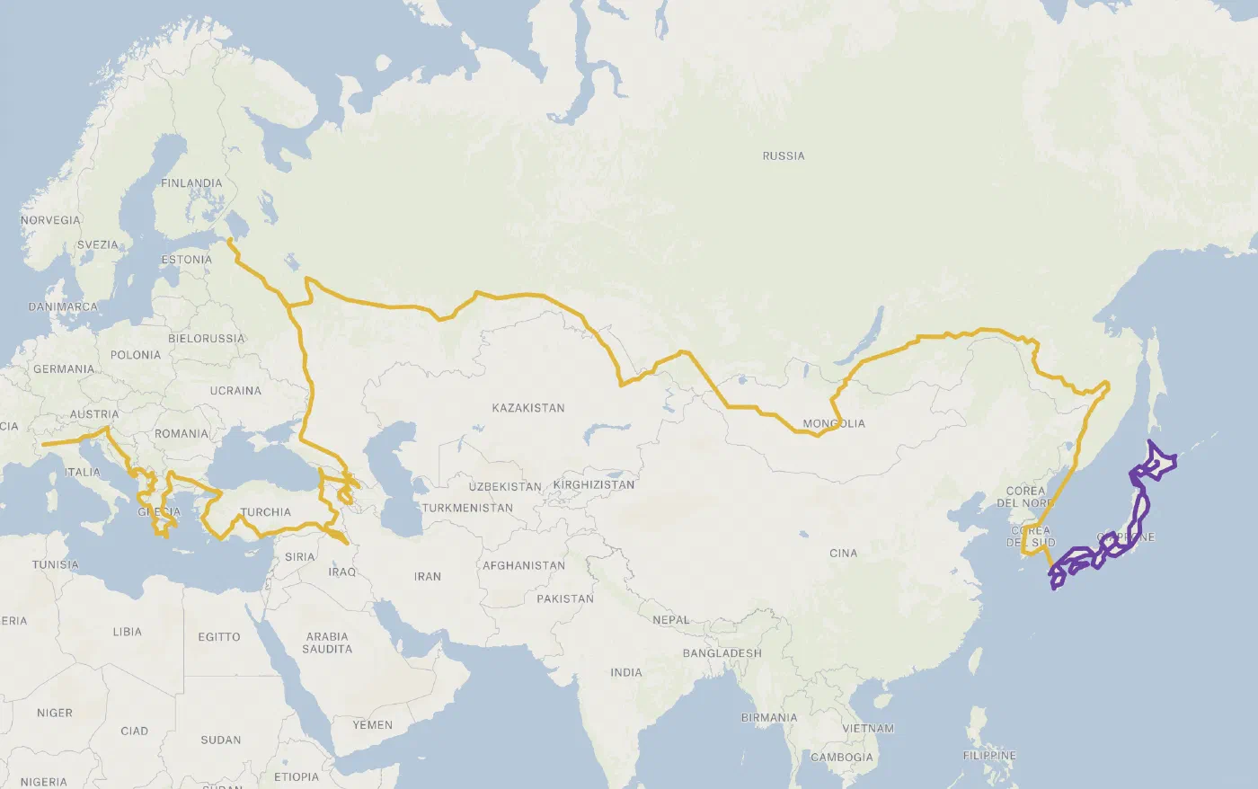 Direzione Giappone - tratta Russia, Kazakistan, Mongolia e Corea